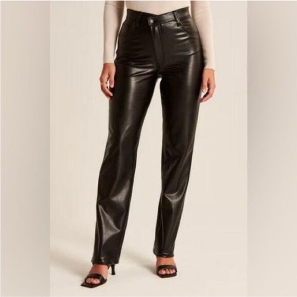 Abercrombie & Fitch 90s Straight Ultra High Rise Vegan Leather Pants Black 28/6L - Picture 4 of 9